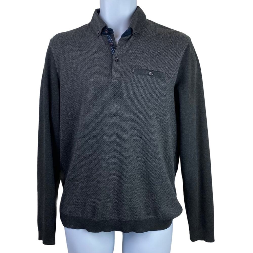 Ted Baker London Long Sleeve Knit Polo Gray Sz M Made in Turkey